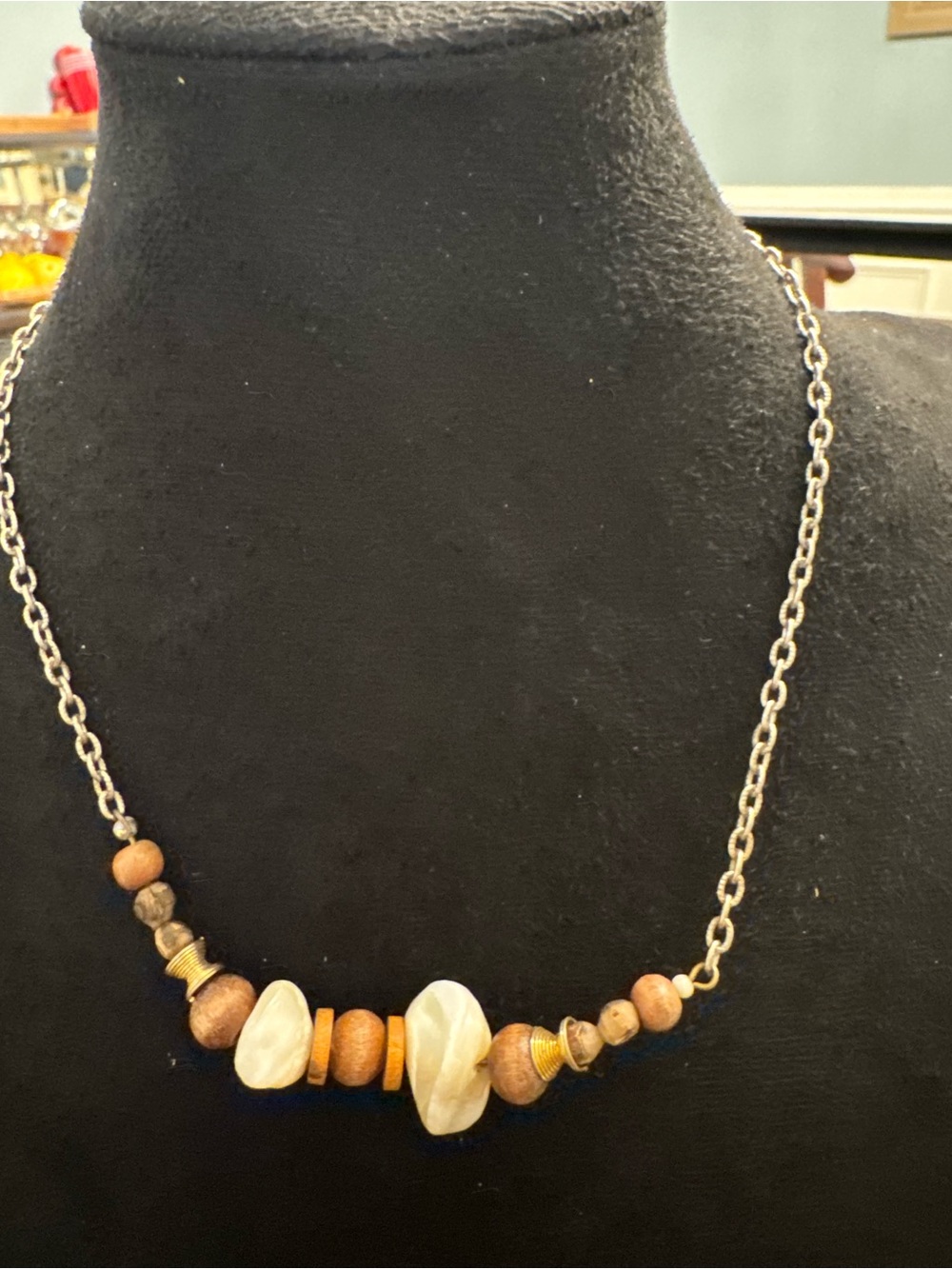Boho Silver Tone Necklace Wood Beads Cream Stone Statement Jewelry